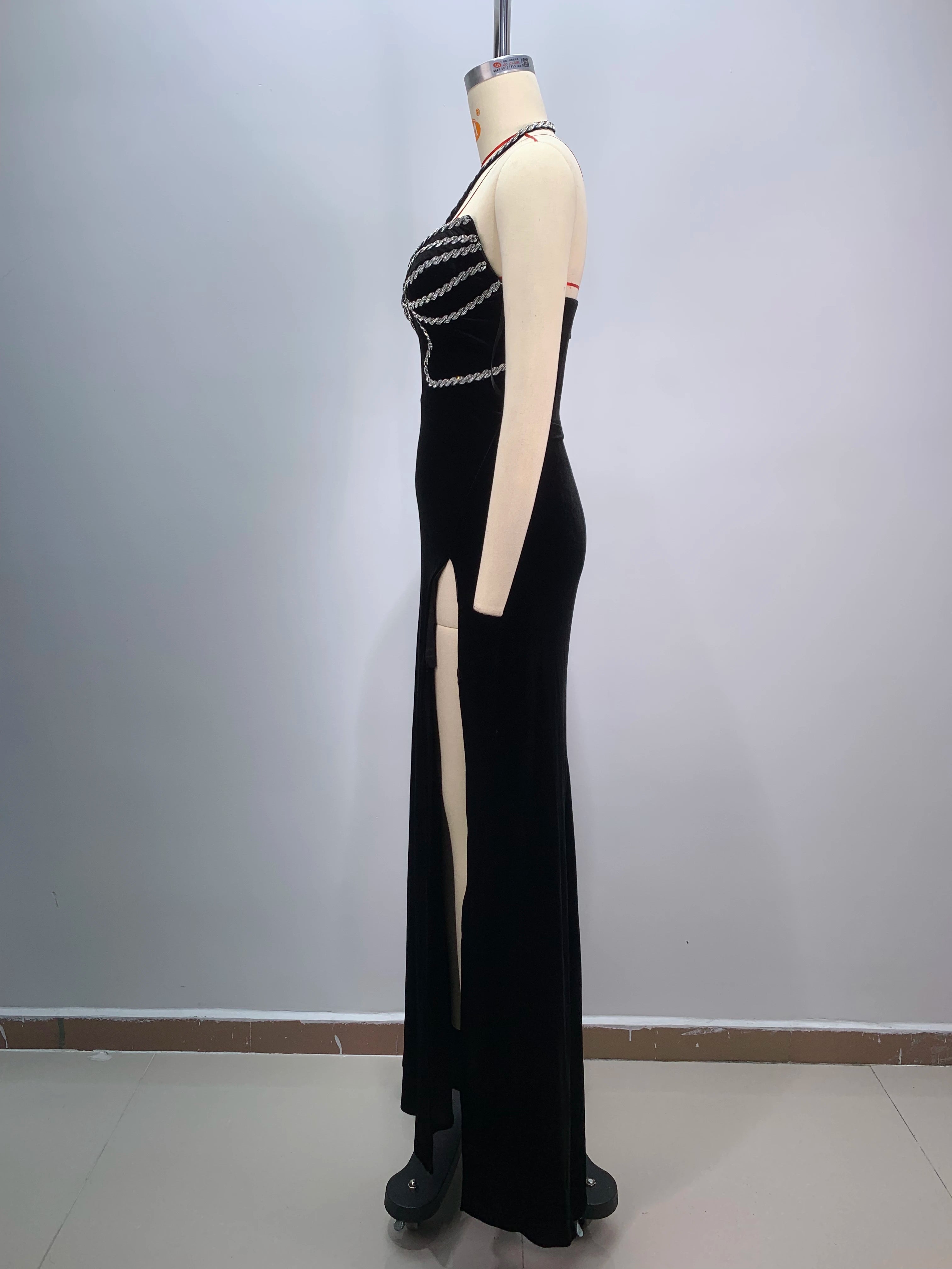 Top Women Sexy Halter Off the Shoulder Shinning Crystal Velvet Bodycon Long Dress High Split Fashion Evening Party Dress