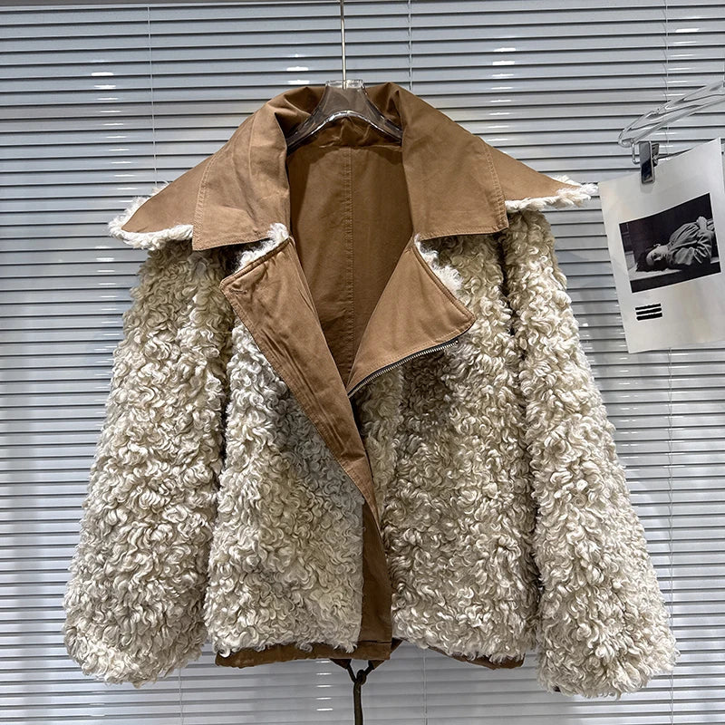 Winter New Fashionable Sailor Collar Fur Fleece Reversible Parka Coat For Women Loose Warm Jacket Female 11A07856