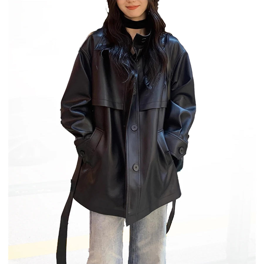 Lautaro Spring Autumn Black Soft Pu Leather Jacket Women Sashes Stand Collar Long Sleeve Elegant Luxury High Quality Clothing