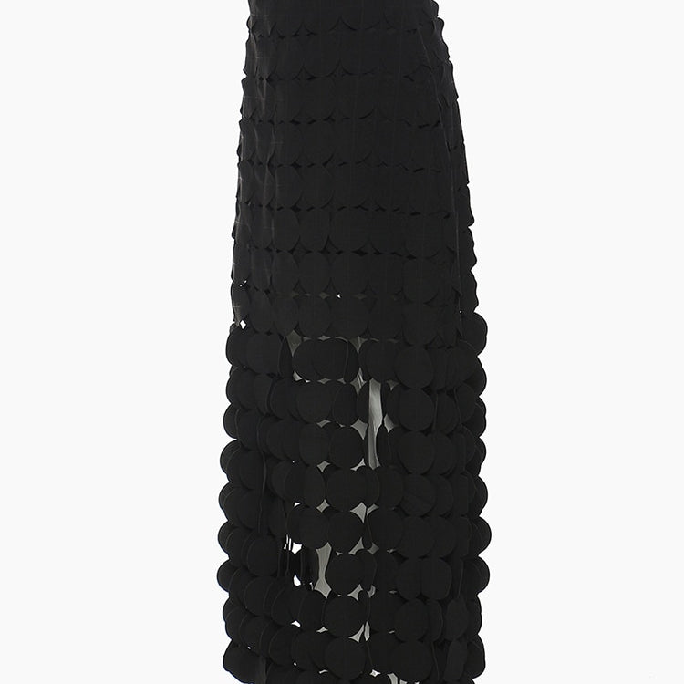 [EAM] High Waist Black Hollow Out Tassels Long Slit Elegant Half-body Skirt Women Fashion Tide New Spring Autumn 2024 1DE9035