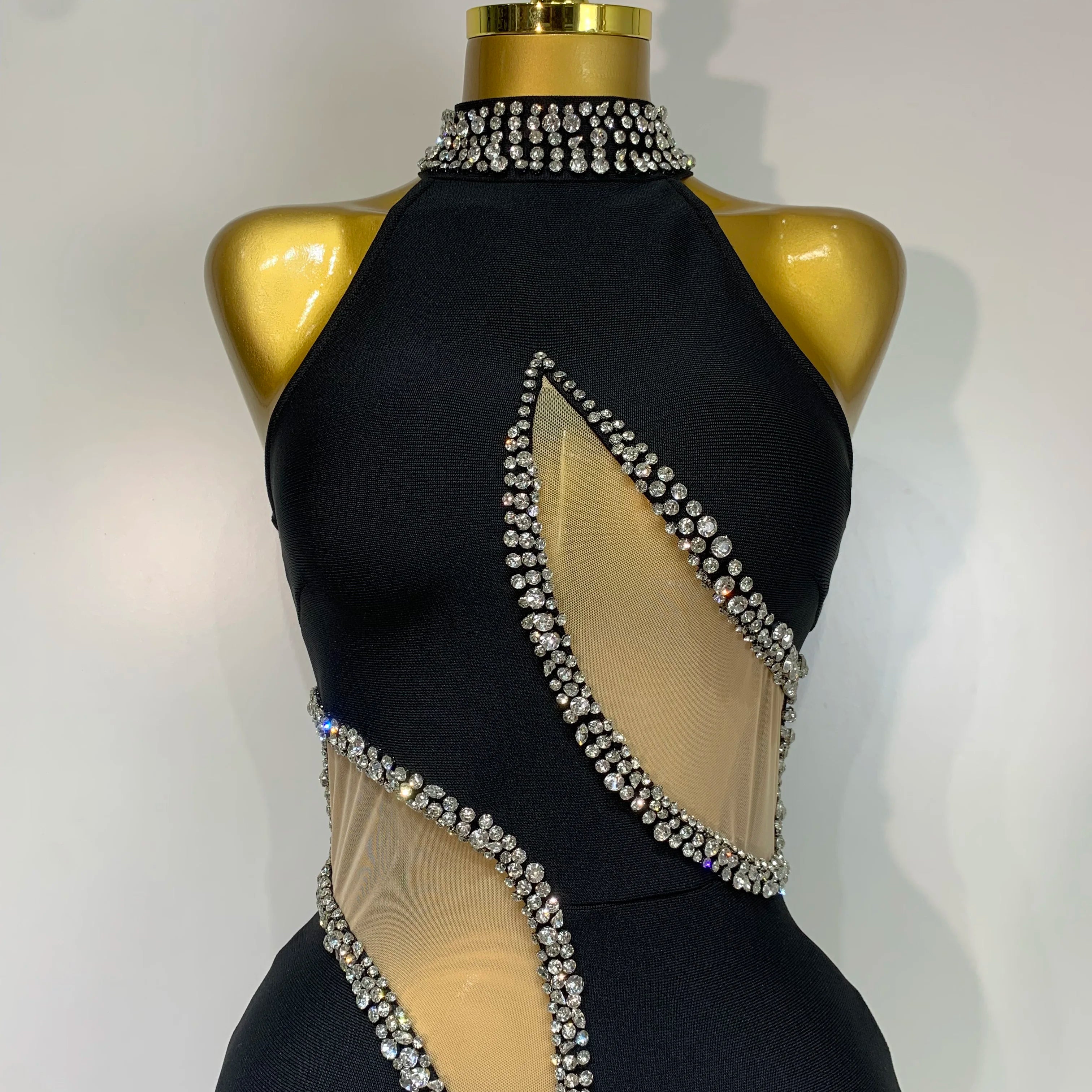 Women Sexy Rhinestone Black Sleeveless Mesh Patchwork Stretch Bodycon Bandage Party Dresses Elegant Birthday Dress