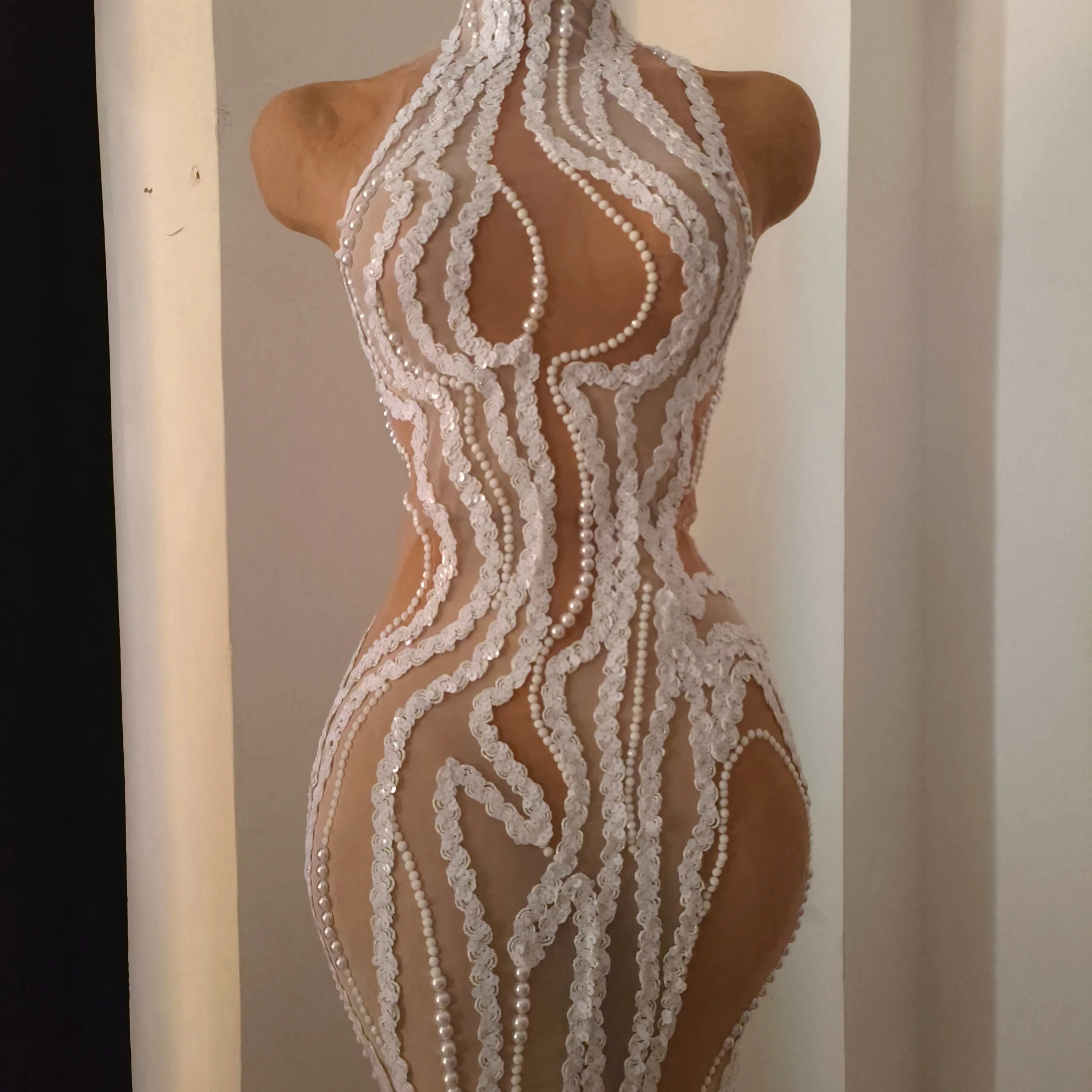 Refined White Sheer Mesh Maxi Dress Women Sexy High Neck Pearl Lace Bodycon Cocktail Nightclub Evening Gala Party Costume