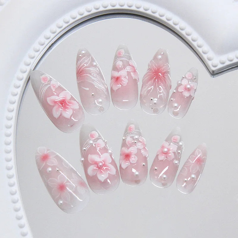 24pcs Pink Flower Press on Nails Ins Sweet Petals Print False Nails for Girl Wearable Reusable Fashion Almond Fake Nail Tips