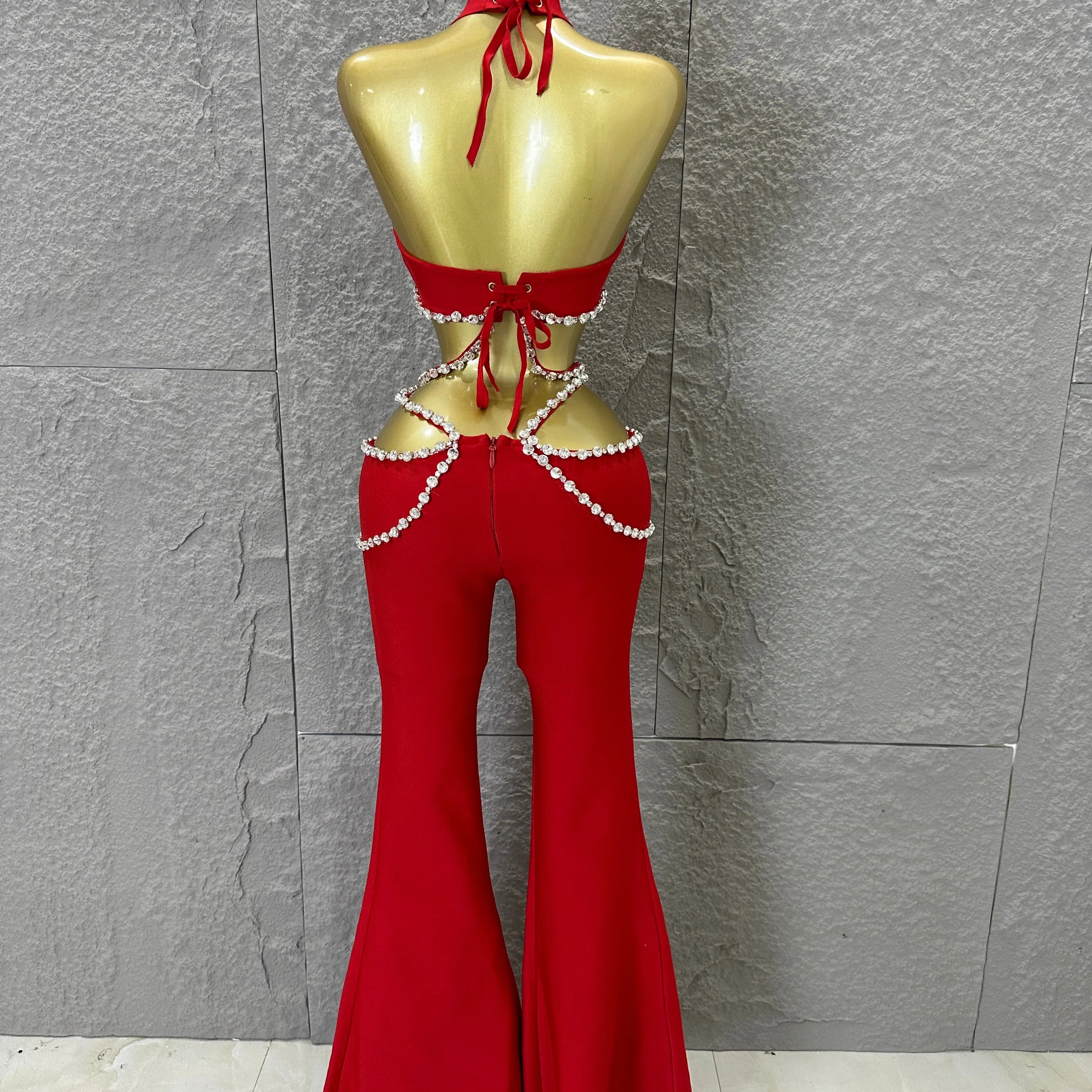 Luxurious Red Two Piece Set Women Sexy Halter Neck Crystal Cutout Crop Top Flare Pants Outfit Stage Performance Costume
