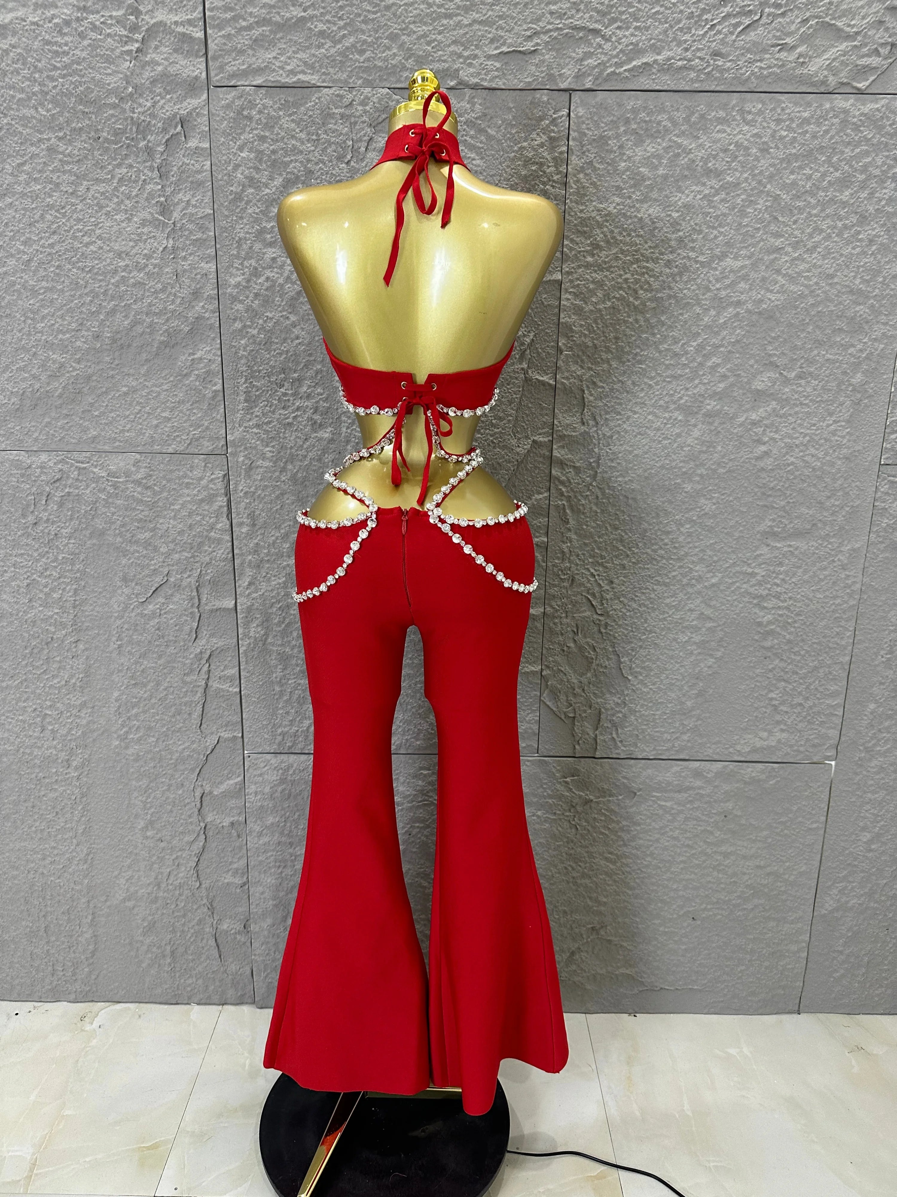 Luxurious Red Two Piece Set Women Sexy Halter Neck Crystal Cutout Crop Top Flare Pants Outfit Stage Performance Costume