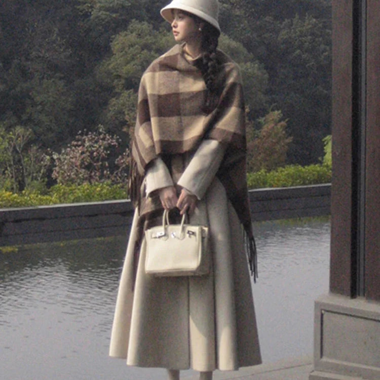 Winter Long Wool & blends Coat for Women Chic Luxury Elegant Womans Clothing Skirted Woolen Overcoat 2024