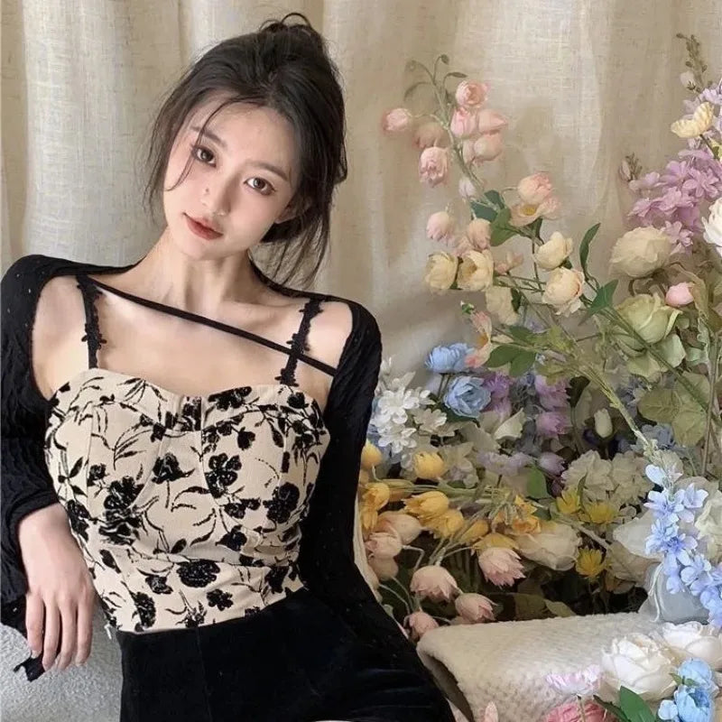 Women Summer Sweet Elastic Camis Underwear Padded Bra Spaghetti Cute Crop Tops Print Tank Tops for Women Backless Tops