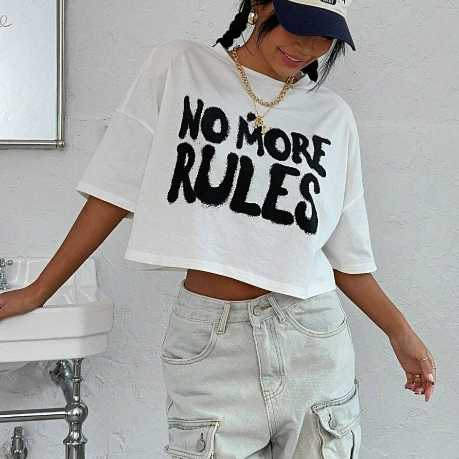 100% Cotton Women Crop T-shirts No More Rules Letter Prints Tops O-Neck Short Sleeves Tees Summer Fashion Street Female Clothing