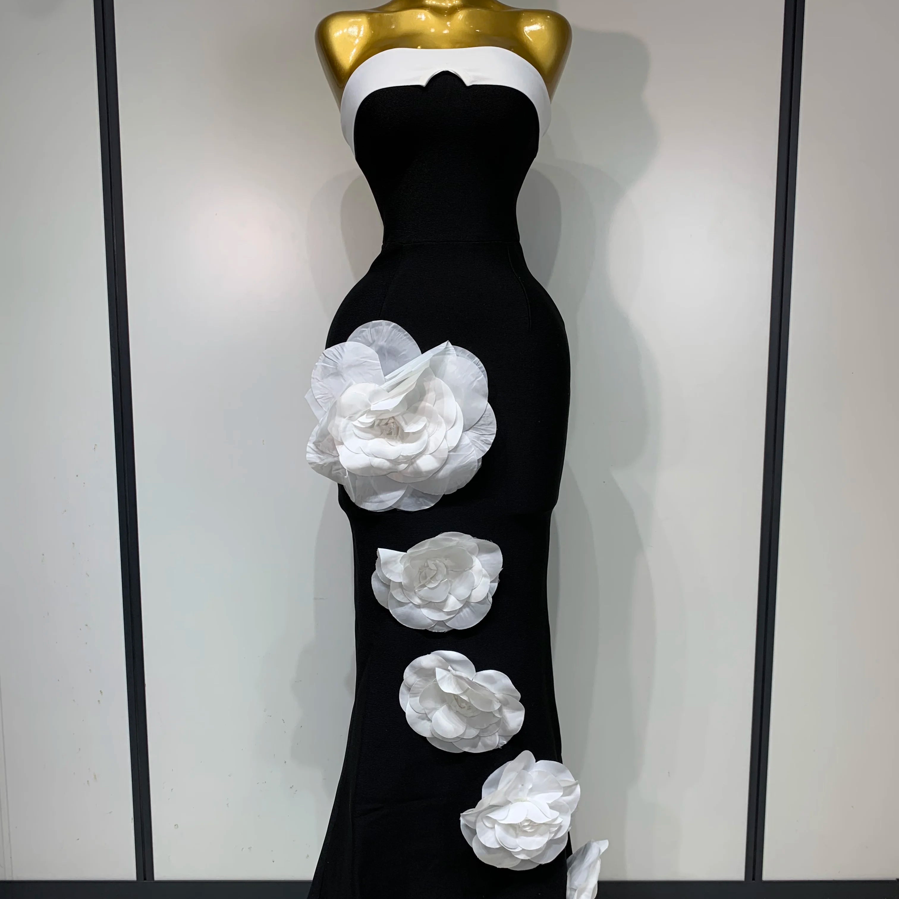 Women Sexy Strapless Backless Flower Maxi Long Bandage Dress 2025 Knitted Celebrity Elegant Evening Club Party Birthday Dresses black