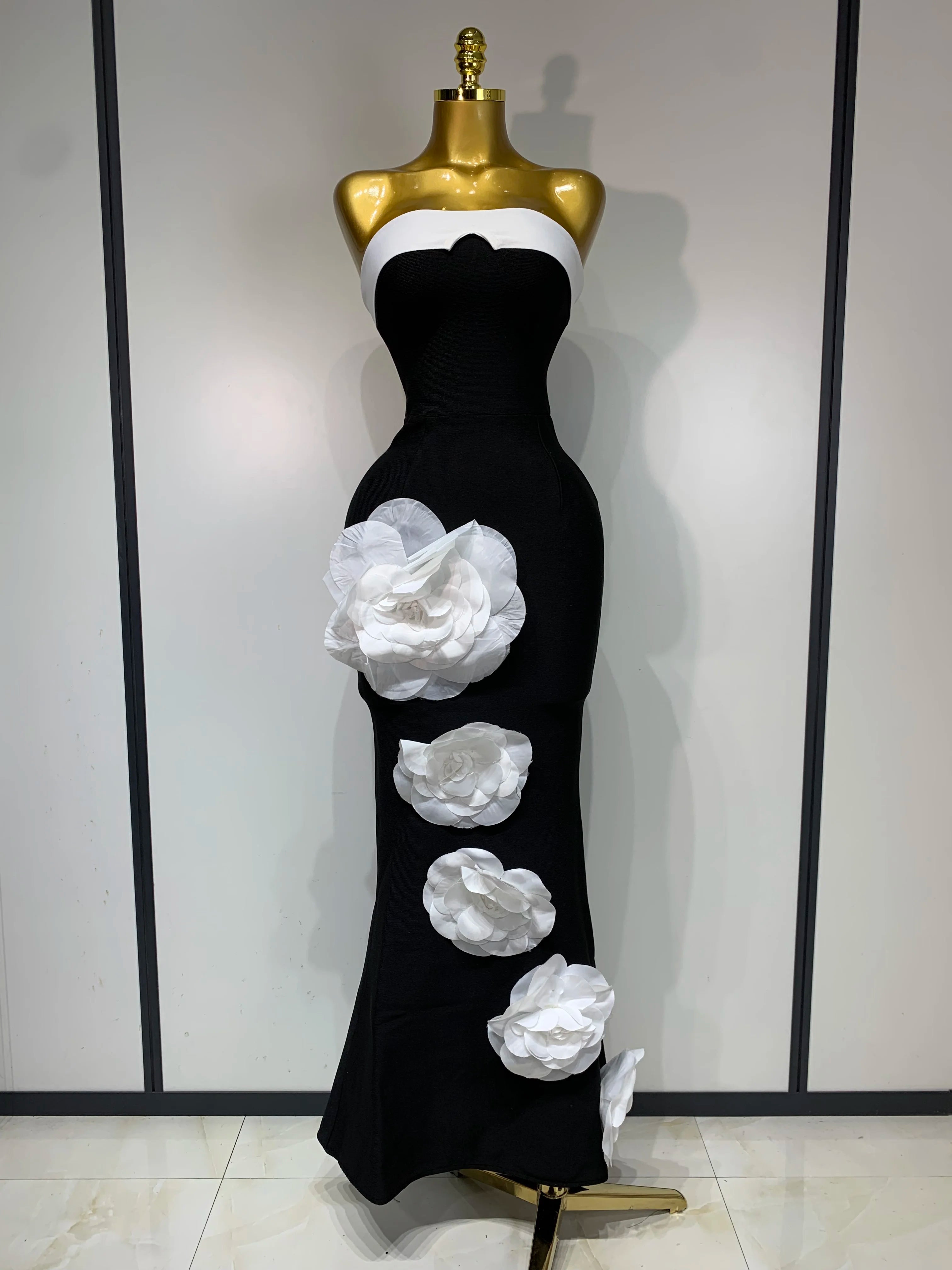 Women Sexy Strapless Backless Flower Maxi Long Bandage Dress 2025 Knitted Celebrity Elegant Evening Club Party Birthday Dresses black