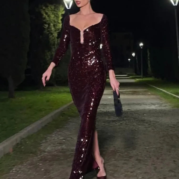 Luxury Women Celebrity Sexy Off Shoulder Burgundy Mesh Sequins Maxi Long Gowns Dress 2024 Elegant Evening Party Club Vestido