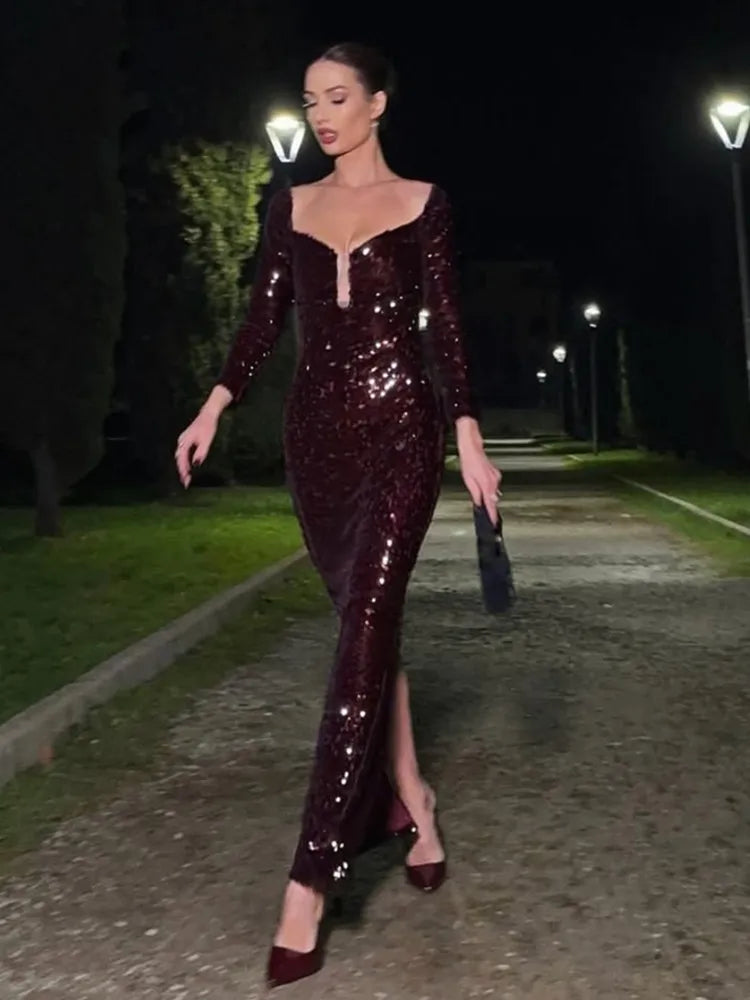 Luxury Women Celebrity Sexy Off Shoulder Burgundy Mesh Sequins Maxi Long Gowns Dress 2024 Elegant Evening Party Club Vestido