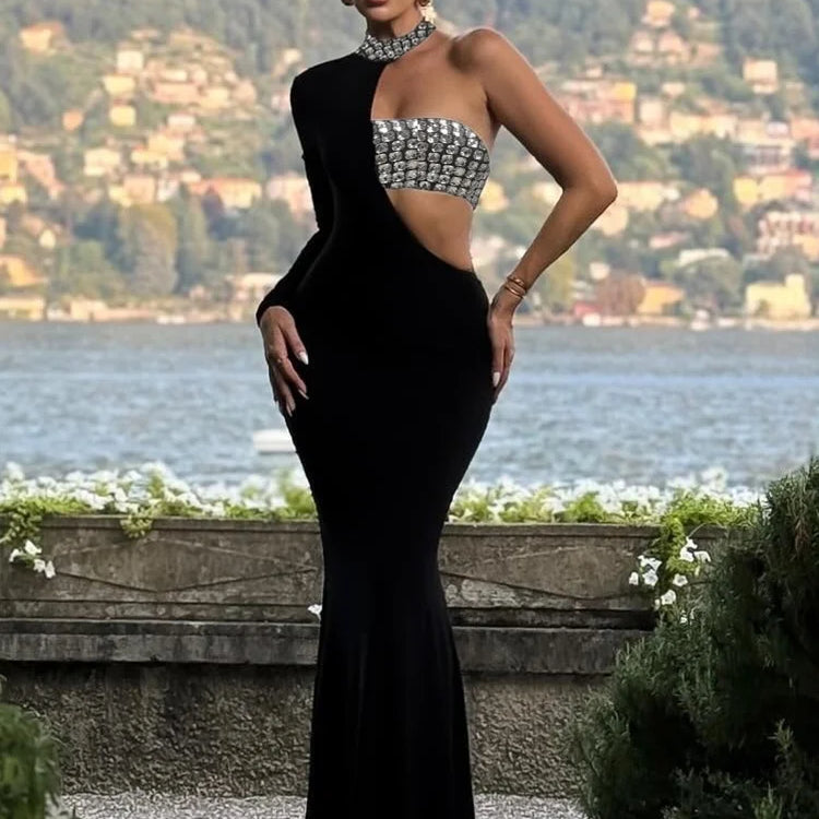 VC Stylish Black Asymmetric Long Sleeve Maxi Dress with Sparkling Detail Mermaid Gown for Red Carpet Events