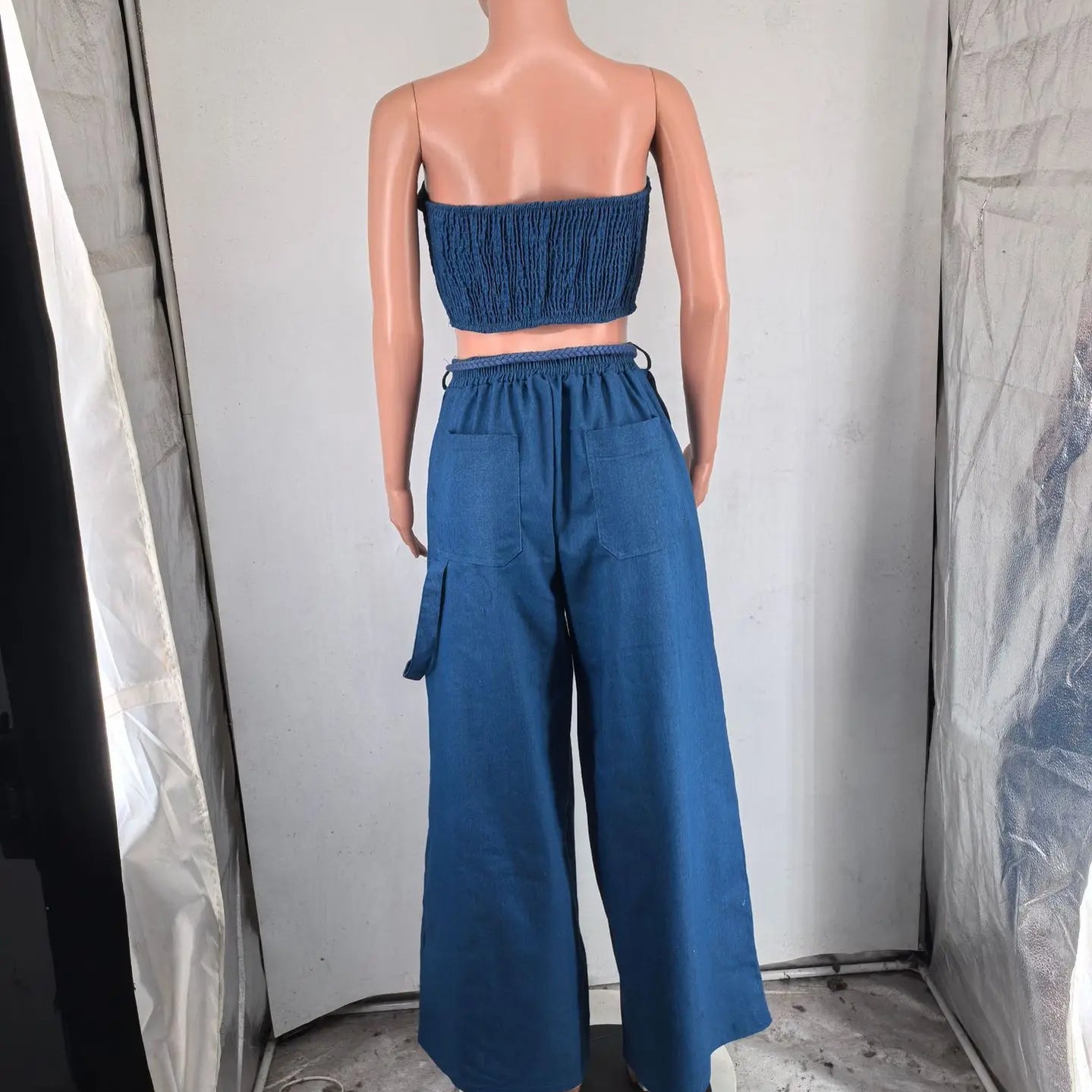 Fashion Denim Women's Set Strapless Crop Top and Wide Leg Jeans Pants Suit 2024 Street Two 2 Piece Sets Outfit Tracksuit