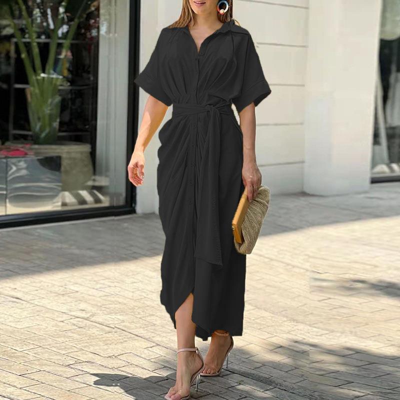 Women Sexy Bandage Shirt Dress Vintage Printed V Neck Ruched Long Dress Female Elegant Button Short Sleeve Beach Maxi Dress Robe EA05132-Black