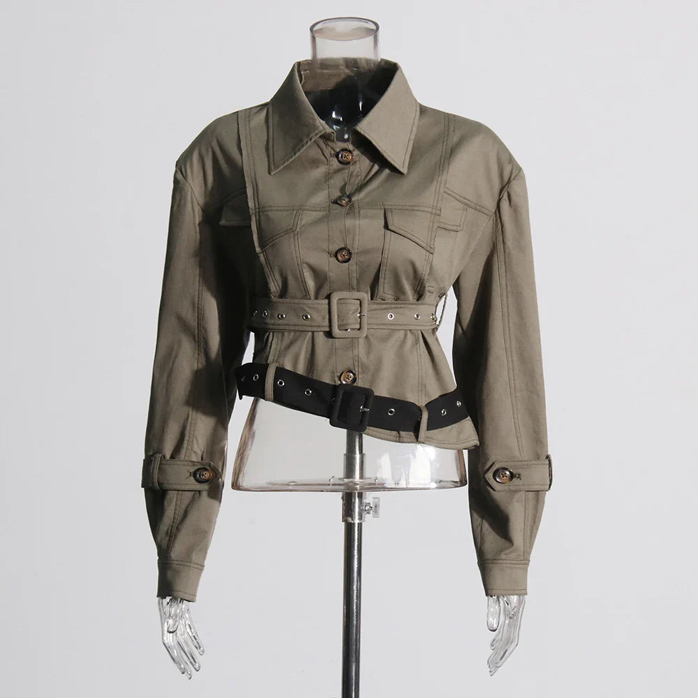 Solid Patchwork Button Two Piece Set For Women Lapel Long Sleeve Coat High Waist Irregular Skirt Chic Sets Female ARMYGREEN COAT