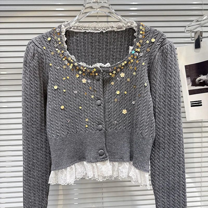 Winter New Fashion Lace Patchwork 3D Sequin Embroidery Knitted Cardigan For Women Elegant Short Sweater 11A07846