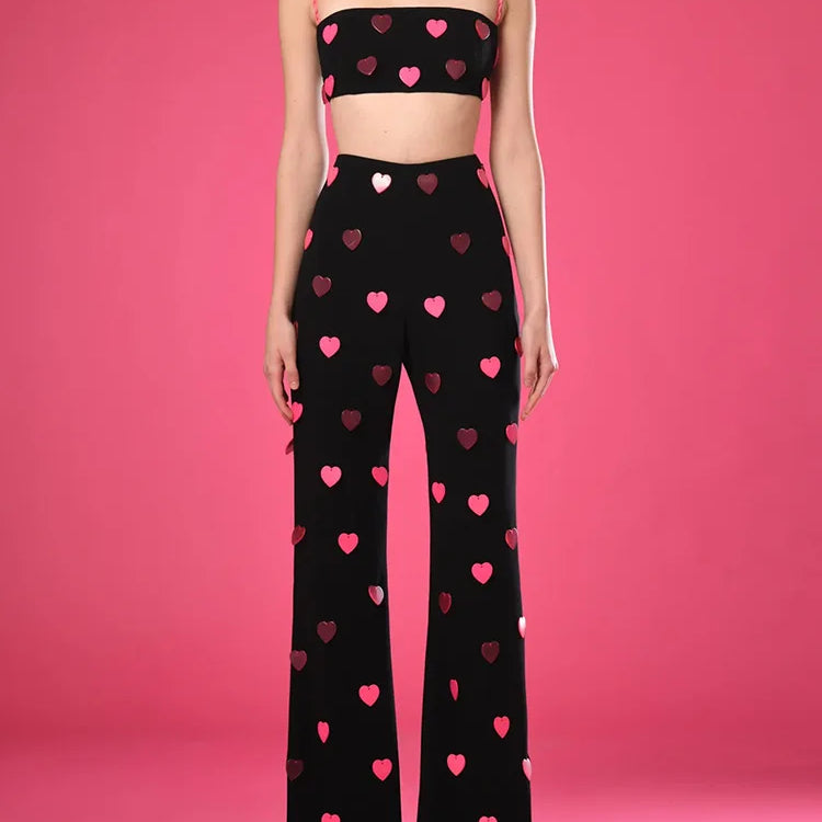 2025 New Spring Women Sexy Sleeveless Heart Sequined Strap Tops Straight Women's set Girls' Birthday Party Fashion Wear S