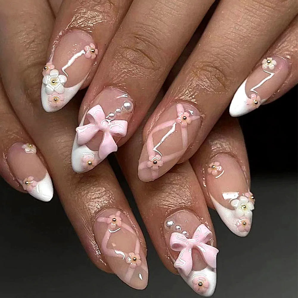 24pcs/set Medium fake nails for women girls 3D embossed flowers butterfly shell designs Summer almond tips press on false nail 2691