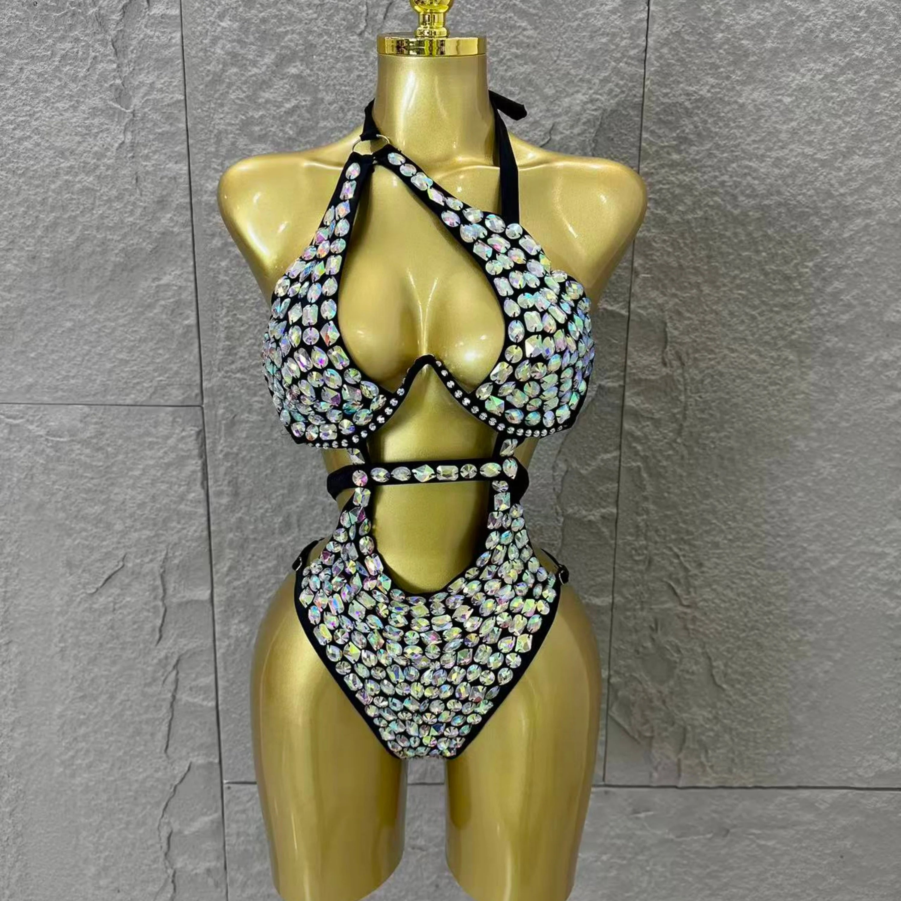 Women Sexy 2026 Luxurious Black Bodysuit Halter Neck Iridescent Crystal Embellished Cutout Outfit Stage Performance Costume A