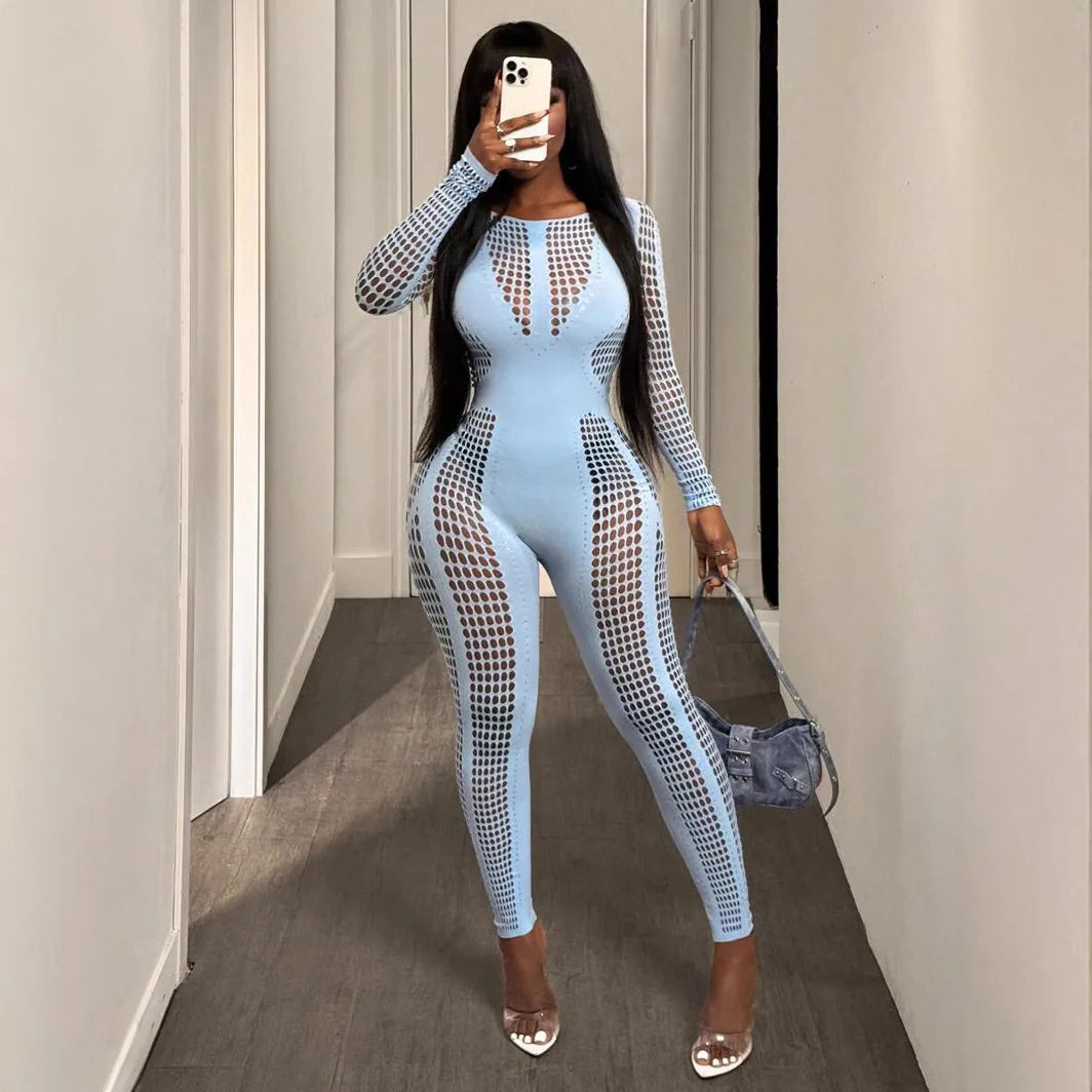 2025 O-neck Full Sleeve Women Mesh Hollow Out Jumpsuits Casual Night Club Sexystreet Sexy Perspective Outfits Rompers Sky Blue One Size
