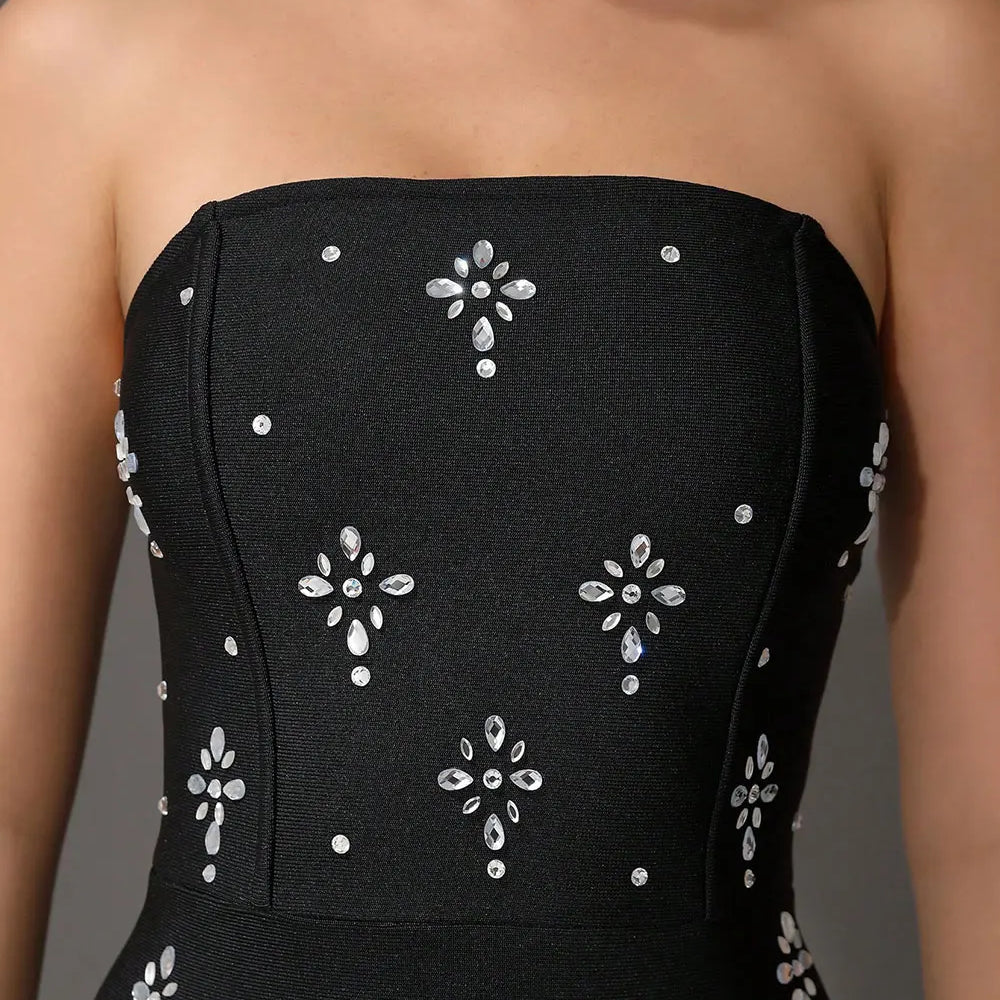 2024 Sexy Women'S Light Luxury Rhinestone Bandage Dress Strapless Sleeveless Bodycon Backless Long Dress Christmas Party Vestido