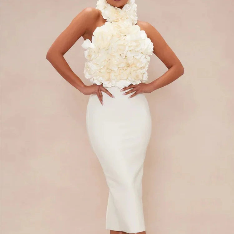 Rosered White Women Sexy Halter Off the Shoulder Backless Bodycon Long Bandage Dress Florals Celebrate Nightclub Party Wear WHITE