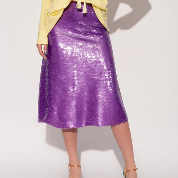DEAT Fashion Women's Skirt Fit High Waist A-line Sequin Mid-calf Purple Versatile Skirts Female Summer New Tide 17A9008