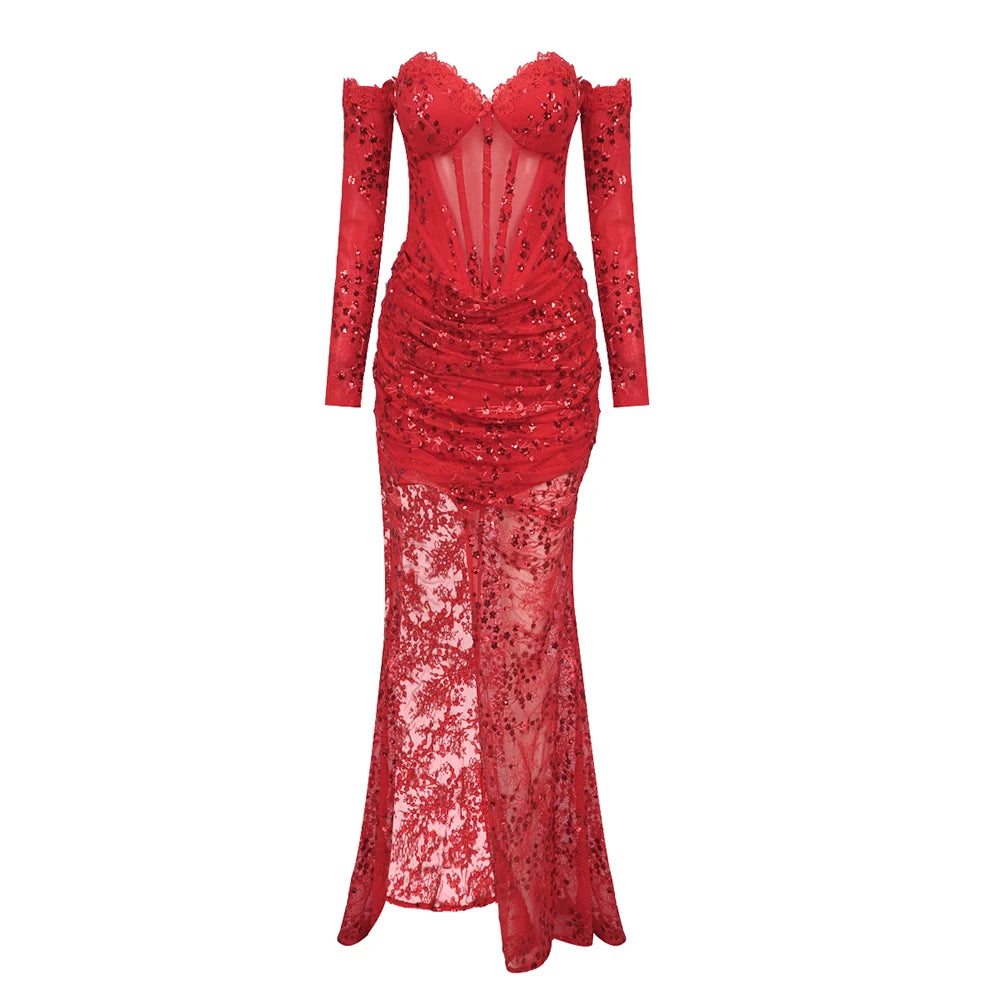 Luxury Women'S Dress Sparkly Red Sequins Patchwork Lace High Split Maxi Long Gowns With Gloves 2024 Summer New Red