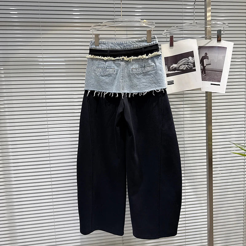 Winter New Fashion Frayed Denim Skirt Patchwork Design Fleece Lined Scimitar Pants For Women Casual Pant 11A07715