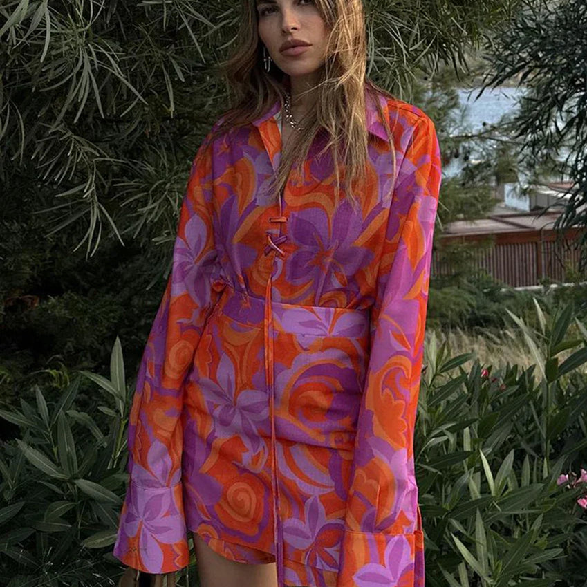 Clacive Fashion Loose Print 2 Piece Sets Women Outfit Elegant Long Sleeve Shirt With High Waist Mini Skirts Set Streetwear