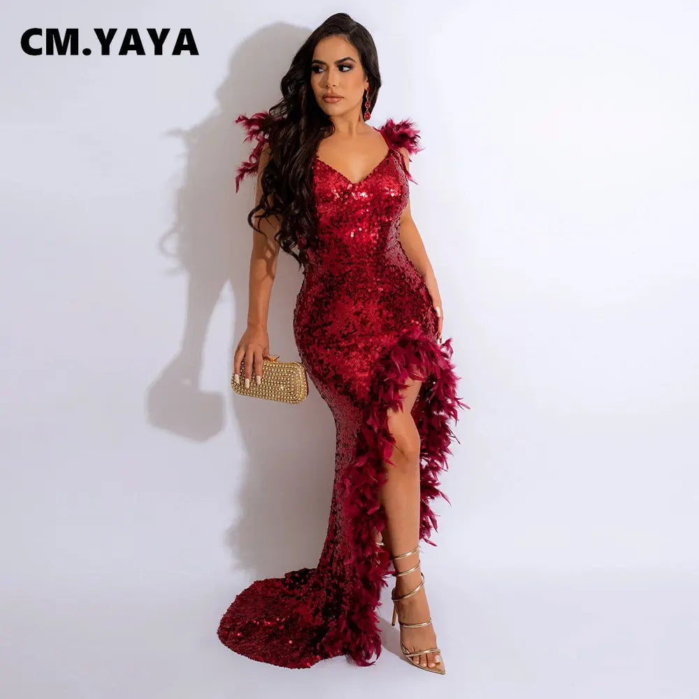 Women Sequined Spaghetti Strap Feather Hem High Side Slit Mermaid Trumpet Bodycon Midi Evening Sexy Party Maxi Dresses