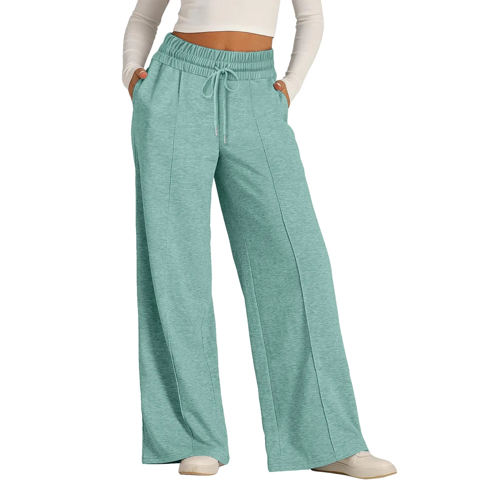 Women Oversized Wide Leg Pants Lightweight Sweatpants Elastic Drawstring Straight Leg Trousers High Waist Baggy Casual Pants Mint Green