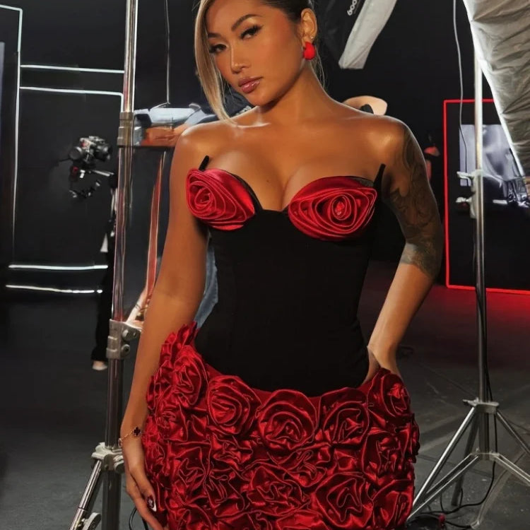 Stereoscopic Red Flower Woman Set Strapless Top And Mini Dress 2 pieces Fashion Woman Evening Party Dress Birthday Party Outfit