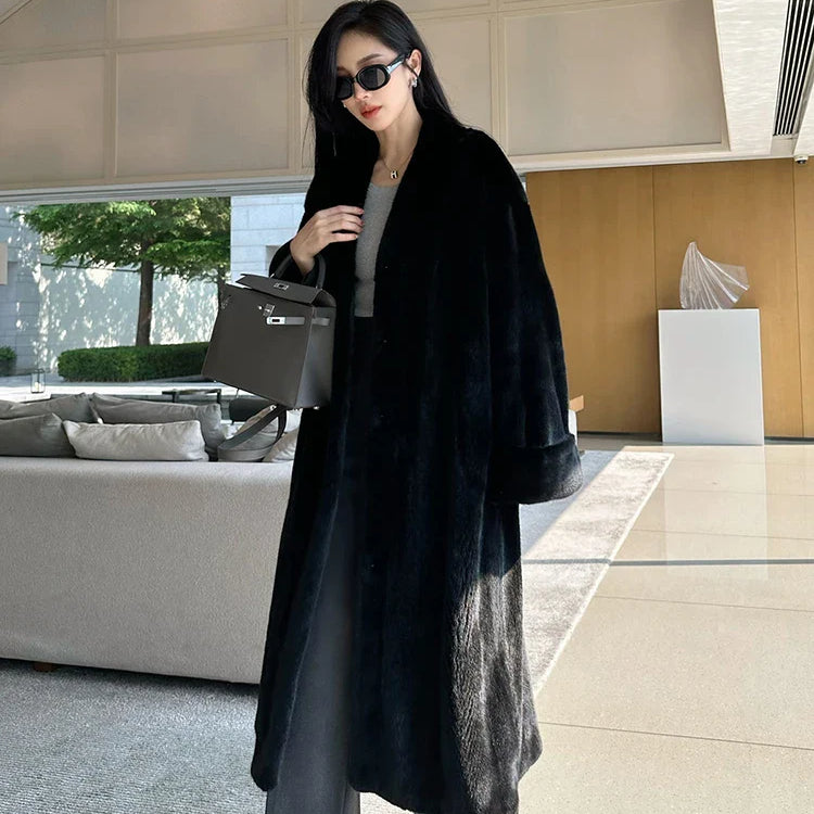 Lautaro Autumn Winter Long Luxury Elegant Chic Soft Thick Warm Brown Hairy Faux Mink Fur Coat Women V Neck Fluffy Overcoat 2024
