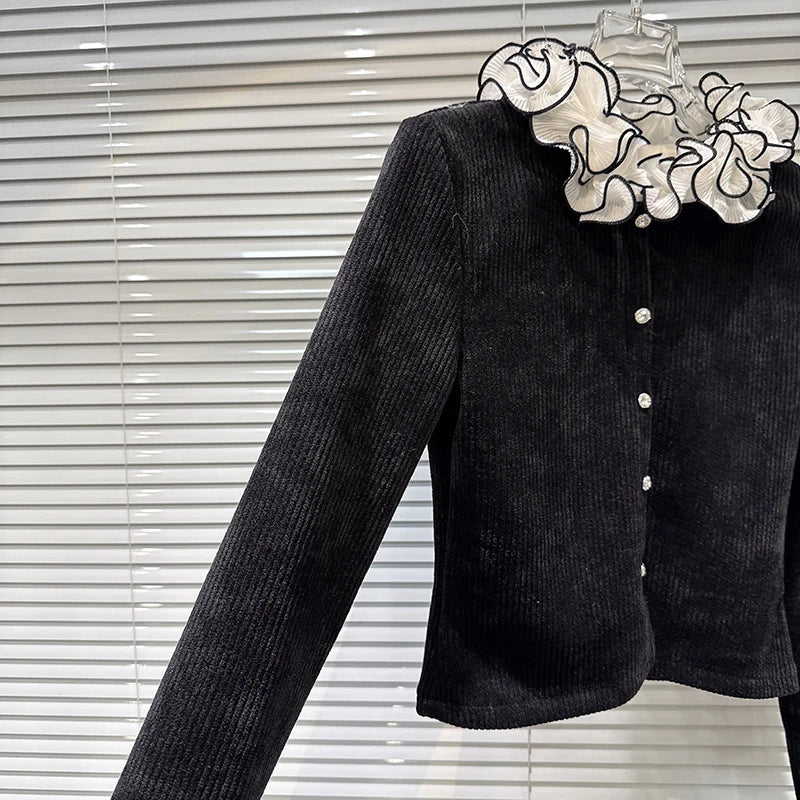 Winter New Sweet Fashion Ruched Lace Collar Corduroy Fabric Long Sleeve T-Shirt For Women Slim Fit Top Female 11A07684