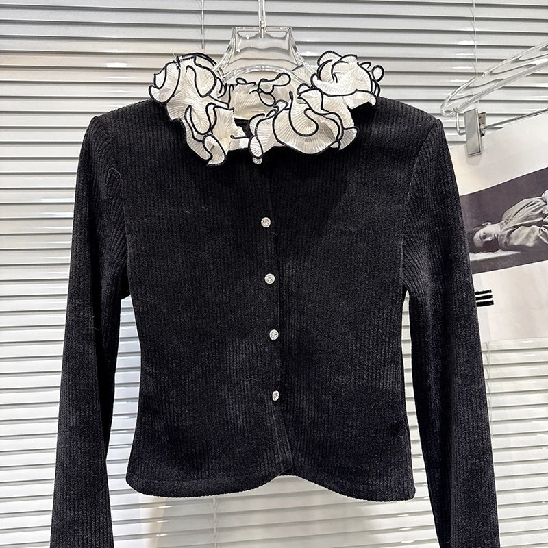 Winter New Sweet Fashion Ruched Lace Collar Corduroy Fabric Long Sleeve T-Shirt For Women Slim Fit Top Female 11A07684