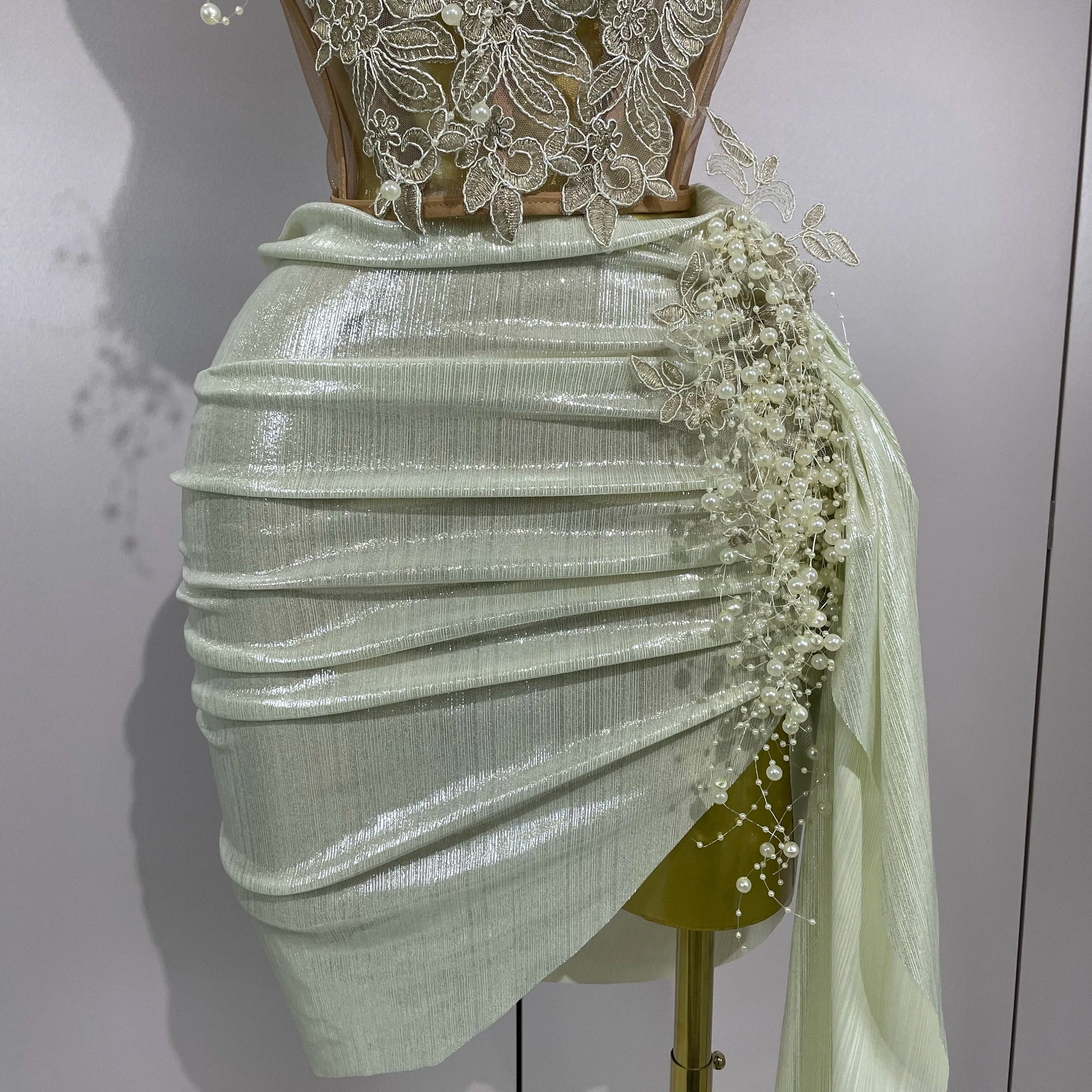 STOCK Luxury Shining Pearls Sexy Asymmetrical Skirt 2 PCS Set 2025 Women Evening Birthday Party Stage Dancer Performance Costume