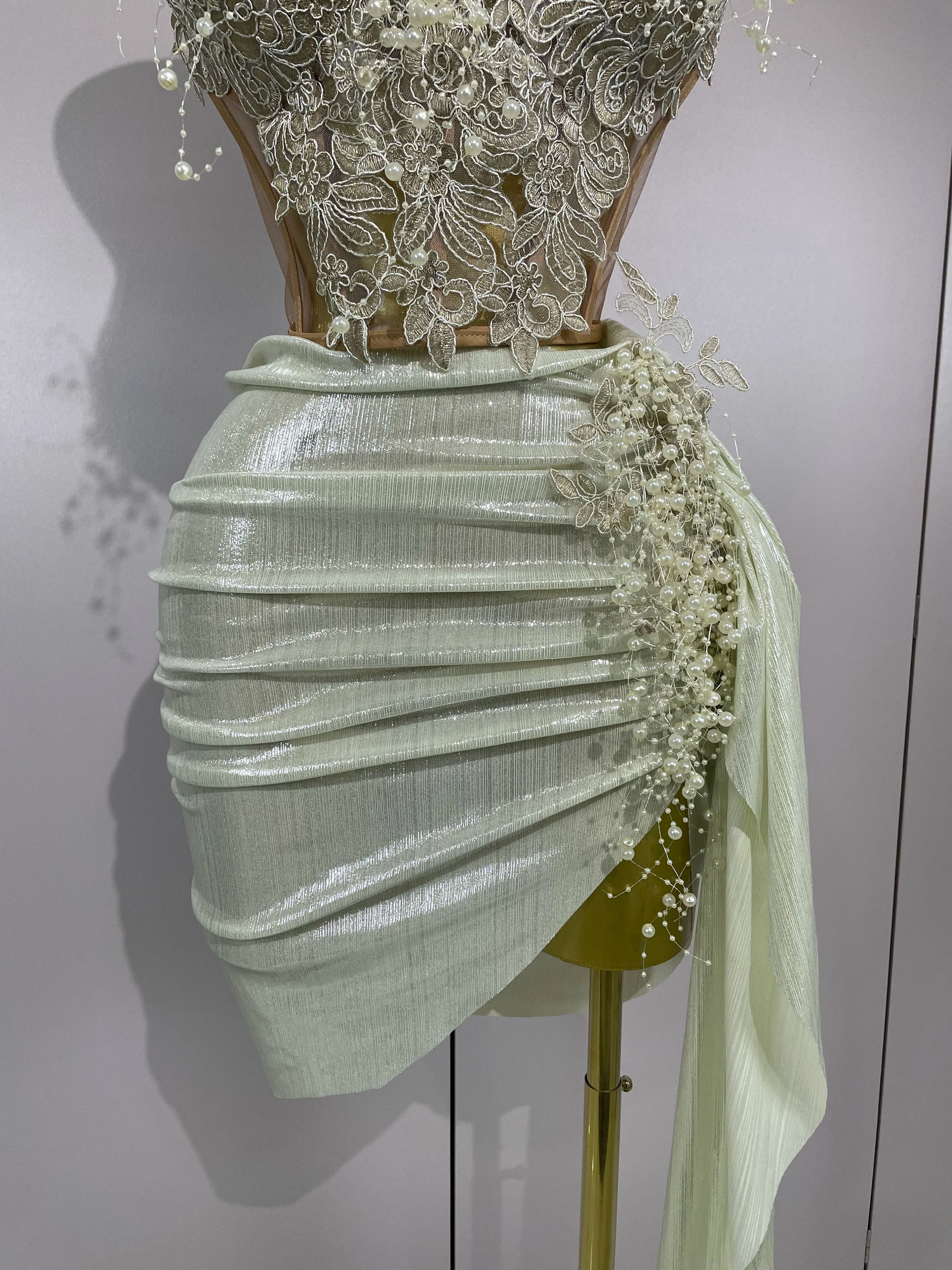 STOCK Luxury Shining Pearls Sexy Asymmetrical Skirt 2 PCS Set 2025 Women Evening Birthday Party Stage Dancer Performance Costume