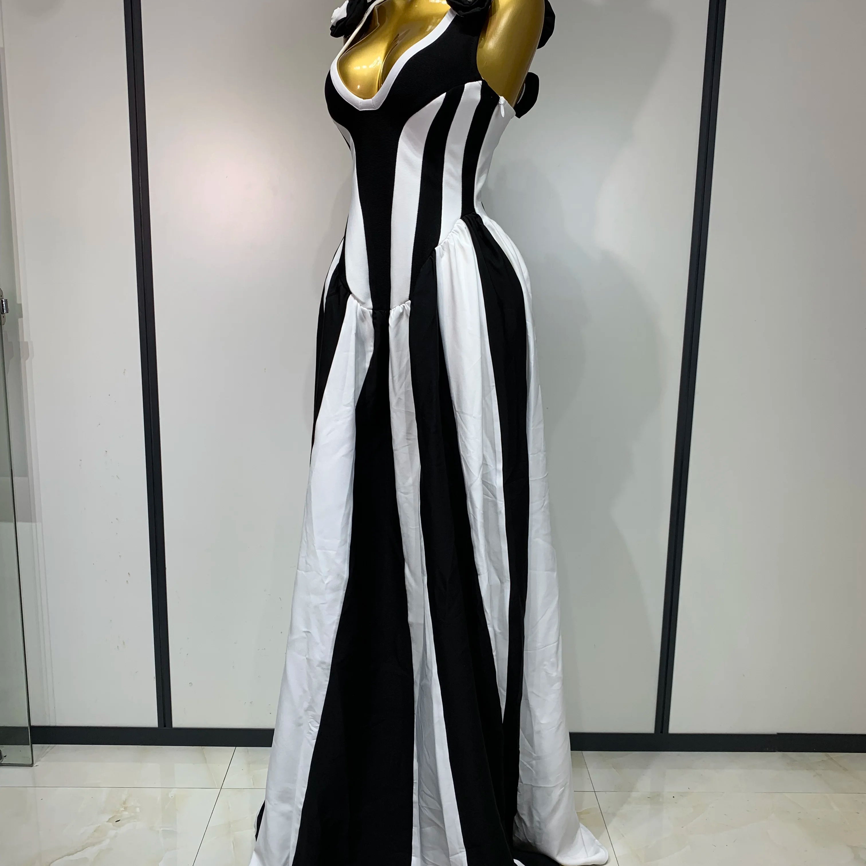 Sexy High fork Sleeveless Bandage Dress Women Flower Black White Stripe Long Dresses Vacation Party Elegangt Party Club Dresses