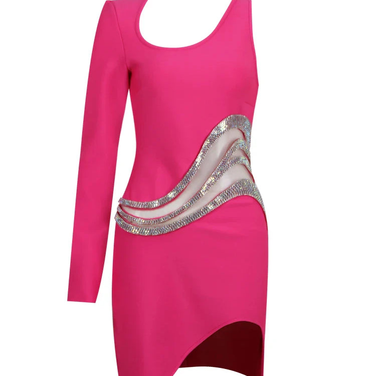 BEVENCCEL Women's New One Shoulder Long Sleeve Mesh Patch Diamond Bandage Dress Elegant Sexy Club Evening Party Mini Dress