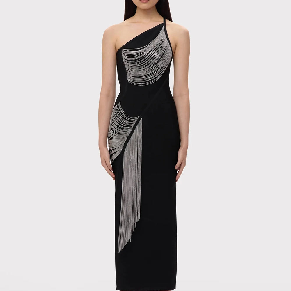 Women Sexy One shoulder Tassels Black Maxi Bodycon Bandage Dress 2025 Summer Elegant Cocktail Evening Club Party Gowns