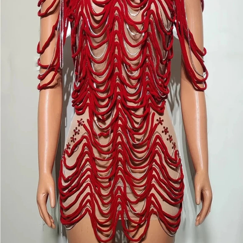 STOCK Women Sexy Mesh See Through Bodycon Mini Dress Celebrate Nightclub Party Performance Costume Stage Wear Birthday Outfit Red