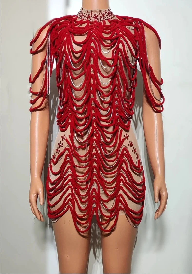 STOCK Women Sexy Mesh See Through Bodycon Mini Dress Celebrate Nightclub Party Performance Costume Stage Wear Birthday Outfit Red