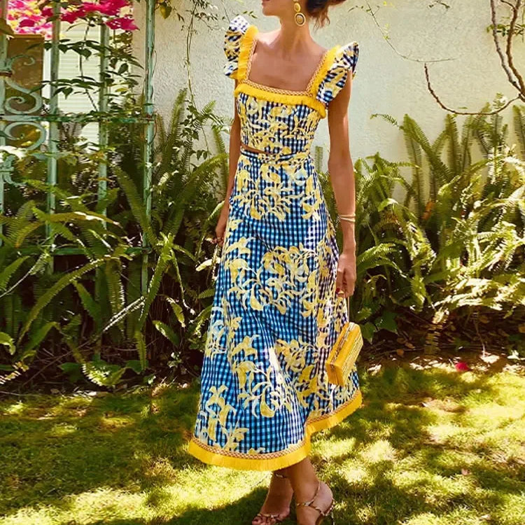 Summer Chic Printed Patchwork Skirt Suit Women Fashion Sling Ruffles Top Printting Set New Elegant Female Streetwear Sets