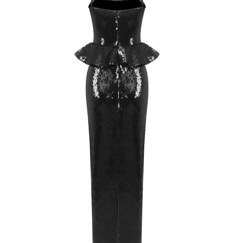 2025 Sexy Women Sequined Long Dress Spaghetti Strap Sleeveless Three-Dimensional Flower Decoration Backless Dress Party Vestidos