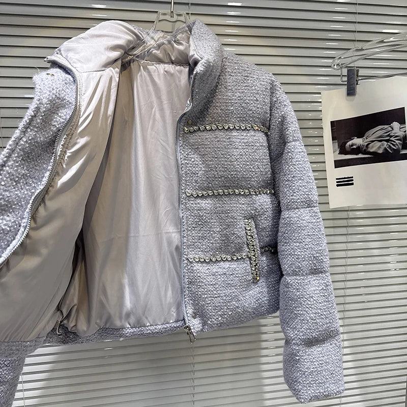 Winter New Sweet Fashion Rhinestone Beaded Edge Thick Tweed Stand Collar Warm Jacket For Women Cotton Coat 11A07587