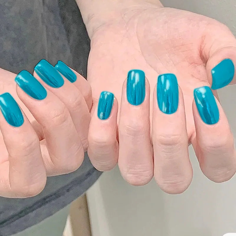 24pcs/set short fake nails metallic red black rose green blue silver golden square tips mirror effect press on false nail art Blue