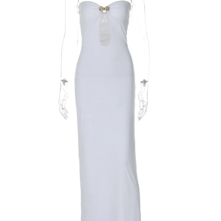 Metal Button Strapless Backless Long Dress Women Fashion Hollow Out Off-shoulder Sleeveless Bodycon Party Midi Dress