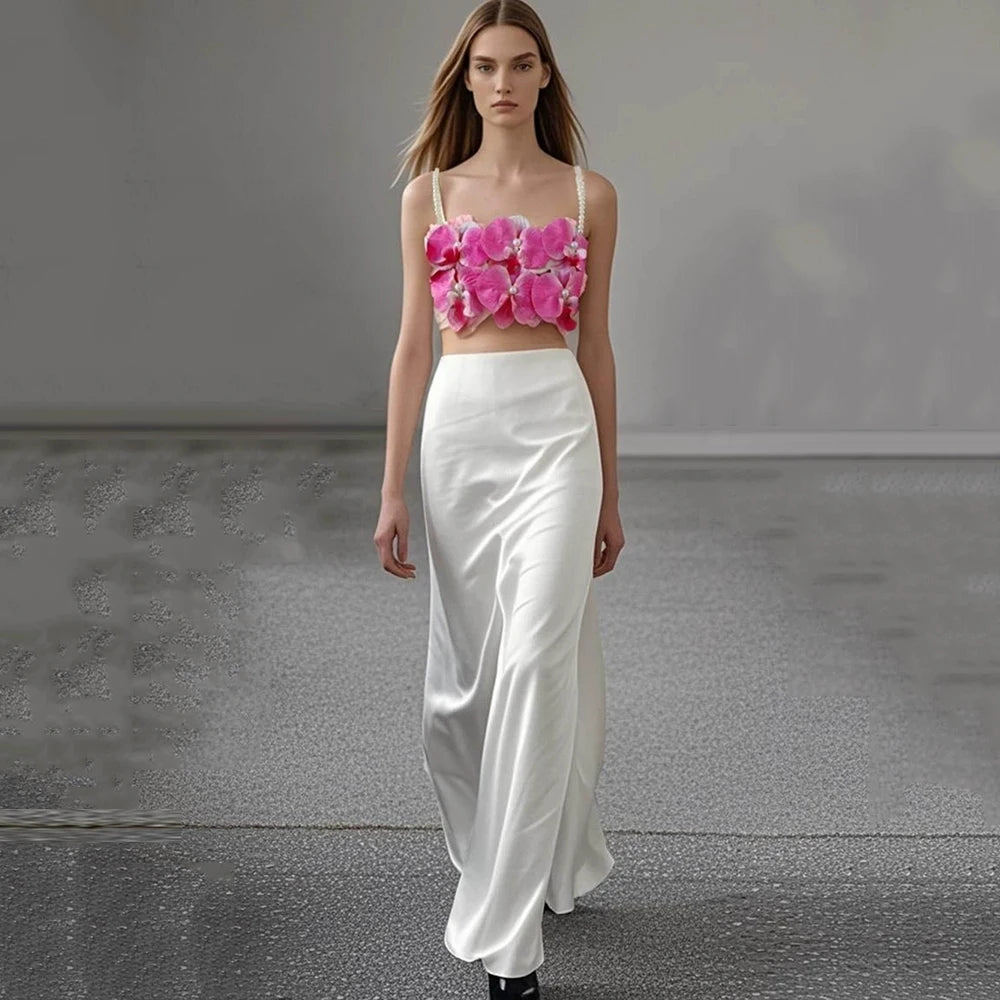 Sexy Pearl Flower Pearl Flower + Long Skirt Set Women Backless Wedding Holiday Party Lady Elegant Outfits 2025 Summer New WHITE